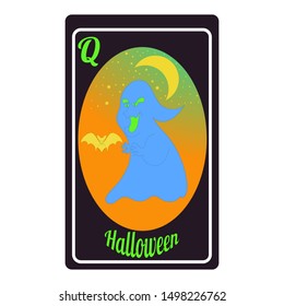 A terrible ghost at night against the background of stars and the moon and trying to grab a bat - Halloween symbols are depicted on a playing card denoting a lady.