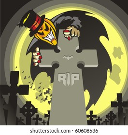Terrible ghost over a tomb in a full moon on halloween