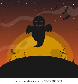 A terrible ghost with wings flew up to the full moon. Huge moon, old cemetery and bats. Halloween night. Vector illustration.