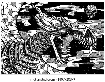 Terrible giant magic dragon, fairytale animal with bony head, sharp big teeth and horns, with open mouth, powerful jaw and wings, flies at night under the moon, stars and clouds. Fantasy art.