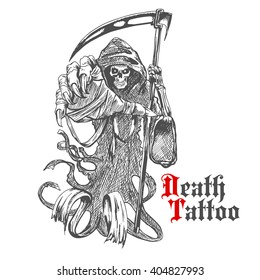 Terrible grim reaper or death with scythe character. Sketch of spooky skeleton wearing long hooded cape with reaper in bony hand. For tattoo, t-shirt print or Halloween design usage