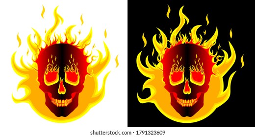 A terrible grinning human skull burning in a bright burning fire. Tongues of flame from the orbits and nasal cavities. Stylized occult illustration. Vector isolated, High Quality, Ai, EPS, JPEG