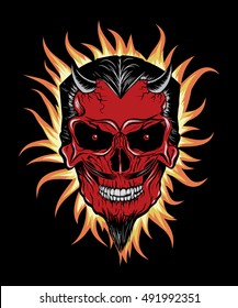 Terrible head of devil.Fire around him. Illustration for halloween