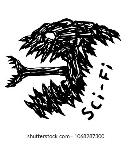 The terrible head of the stranger with his mouth open and tongue released. Science fiction genre. Vector illustration.