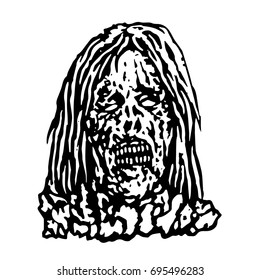 Terrible head of zombie woman. Vector illustration. Black and white colors. The horror genre. Scary female character face.
