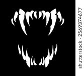 Terrible jaws of a beast with white sharp teeth. Vampire teeth for Halloween. Vector isolated on black background.