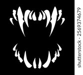Terrible jaws of a beast with white sharp teeth. Vampire teeth for Halloween. Vector isolated on black background.