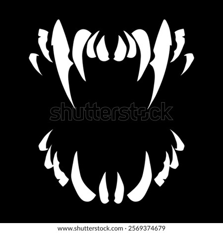 Terrible jaws of a beast with white sharp teeth. Vampire teeth for Halloween. Vector isolated on black background.