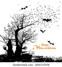 Terrible landscape. Tree and bats. Happy halloween. Vector illustration