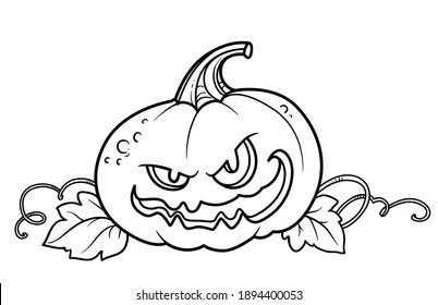 Terrible lantern from pumpkin with the cut out of grin, mustache and leaves outlined for coloring page