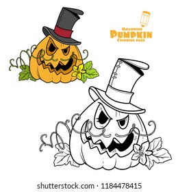 Terrible lantern from pumpkin in cylinder color and outlined for coloring page