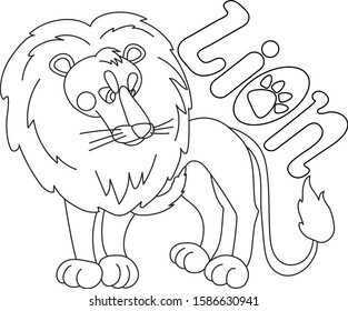 Terrible lion with the inscription. Black outline on a white isolated background. Vector and illustration.