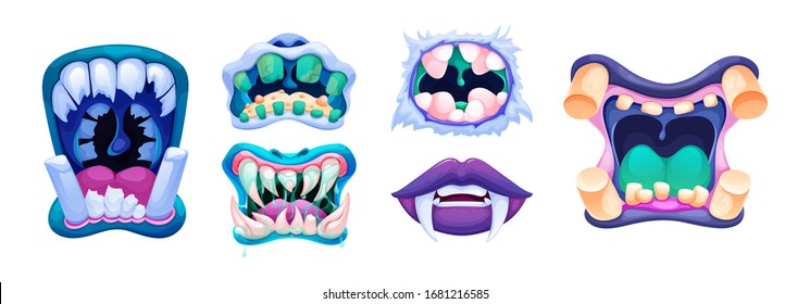 Terrible Monster Mouths. Scary Lips Teeth And Tongue Monsters. Monstrous Mouths, Emotions, Facial Expressions For Halloween Cartoon Vector Illustration