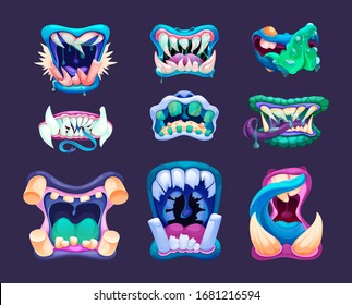 Terrible monster mouths. Scary lips teeth and tongue monsters. Monstrous mouths, emotions, facial expressions for Halloween cartoon vector illustration