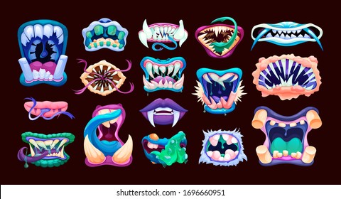 Terrible monster mouths. Scary lips teeth and tongue monsters. Monstrous mouths, emotions, facial expressions for Halloween cartoon vector illustration