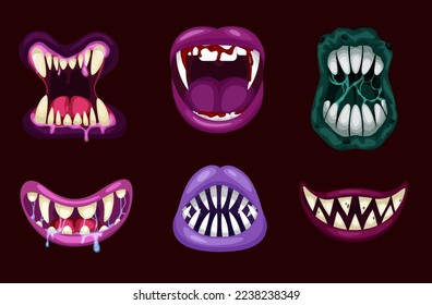 Terrible monster mouths. Scary lips teeth and tongue monsters. Monstrous mouths, emotions, facial expressions for Halloween