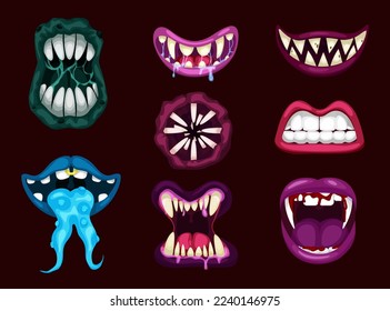 Terrible monster mouths. Scary lips teeth and tongue monsters. Monstrous mouths, emotions, facial expressions for Halloween