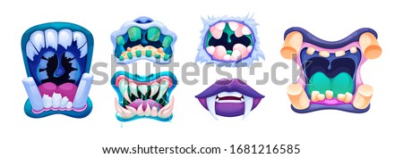 Terrible monster mouths. Scary lips teeth and tongue monsters. Monstrous mouths, emotions, facial expressions for Halloween cartoon vector illustration Stock foto © 