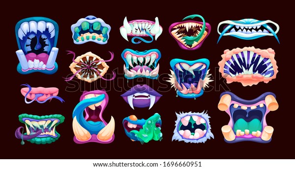 Terrible monster mouths. Scary lips teeth\
and tongue monsters. Monstrous mouths, emotions, facial expressions\
for Halloween cartoon vector\
illustration