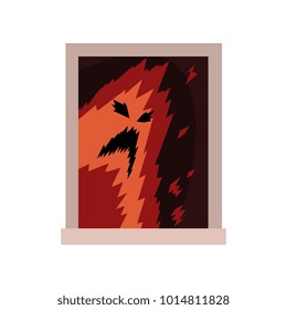 Terrible monster in window. Scary ghost silhouette with black eyes and mouth. View from the street. Exterior detail element. Halloween concept. Flat vector design