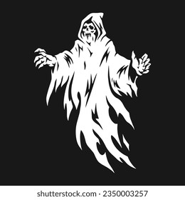 Terrible night ghost logotype monochrome with flying monster in hood that inspires horror and congratulates on Halloween vector illustration