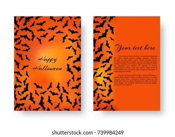 A terrible pattern of flyers with bats for festive decoration for Halloween on the orange backdrop. Vector illustration.