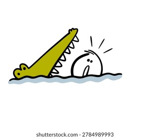 Terrible predator, huge crocodile  opened mouth with sharp teeth and wants to swallow poor man. Vector illustration of  man swimming and escaping from his pursuer. Unexpected encounter with monster.