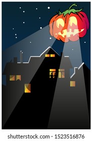 A terrible pumpkin instead of the moon shines over the night city. Halloween concept. Stylized vector illustration