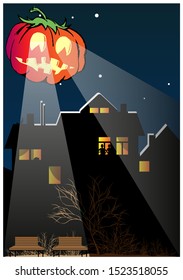 A terrible pumpkin instead of the moon shines over the night city. Light falls on benches and trees. Halloween concept. Stylized vector illustration.
