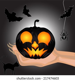 Terrible Pumpkin on a hand at witch.Halloween. Halloween banner. Vector illustration
