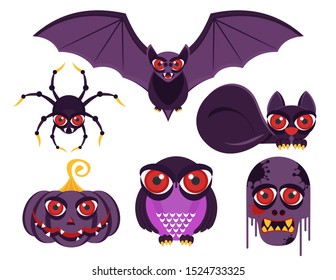 Terrible purple animal vampires with big red eyes. Owl, cat and bat. Spider, zombies and pumpkin. Halloween character. Halloween character. Flat vectoe illustration isolated on white background.