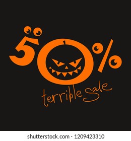 Terrible sale 50 % off. Orange fifty number with jack o lantern and monster eyes on black background. Funny halloween sale concept for flyer, poster, banner, icon or header. Vector EPS10