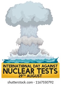 Terrible scene of underwater atomic test with a mushroom cloud and yellow warning ribbon: awareness of the terrible effects in marine environment during International Day Against Nuclear Tests.
