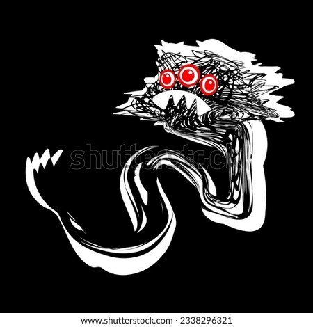 Terrible scribble hand drawn funny monster isolated on black background. Vector grunge illustration for Halloween celebrationg, print, decorations, sketch, icon, sticker, clip art.