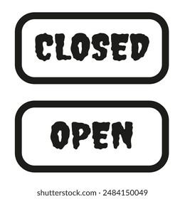 A terrible sign open and closed on the door, glass, window. Sign to the door, shop, bar. Transparent background. Vector