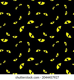 
Terrible, sinister yellow eyes with narrow pupils against a dark black background. Seamless pattern, print for Halloween. Vector illustration