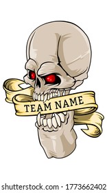 A terrible terrible skull with red eyes and sharp fangs holds a ribbon with an inscription in its mouth. Danger of evil skulls for tattoos or mascots, such as a logo.