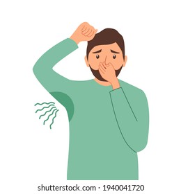 Terrible smell armpit concept vector illustration on white background. Man has bad smell and sweaty underarm. Bad body odor problem.