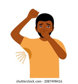 Terrible smell armpit concept vector illustration on white background. African man has bad smell and sweaty underarm. Bad body odor problem.