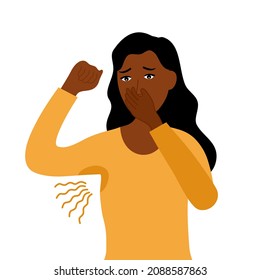 Terrible smell armpit concept vector illustration. African woman has bad smell and sweaty underarm. Bad body odor problem.