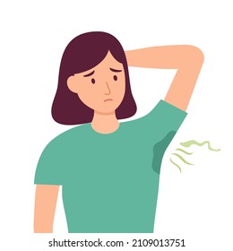 Terrible aroma de armazón vectorial ilustración de fondo blanco. La mujer tiene mal olor y sudor bajo brazo. Malo problema de olor corporal.