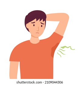 Terrible smell armpit concept vector illustration on white background. Man has bad smell and sweaty underarm. Bad body odor problem.