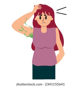 Terrible smell armpit concept vector illustration on white background. woman has bad smell and sweaty underarm. Bad body odor problem.