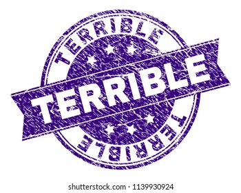 TERRIBLE stamp seal watermark with grunge style. Designed with ribbon and circles. Violet vector rubber print of TERRIBLE tag with grunge texture.