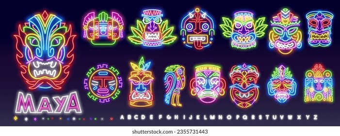 Terrible tiki idol neon sign. Tribal mask, ancient culture design. Night bright neon sign, colorful billboard, light banner. Vector illustration in neon style.