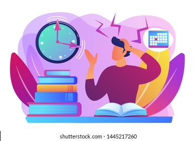 Terrible time crunch, cramming material before tests, examination. Exams and test results, personal exam timetable, exam stress and anxiety concept. Bright vibrant violet vector isolated illustration