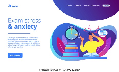 Terrible time crunch, cramming material before tests, examination. Exams and test results, personal exam timetable, exam stress and anxiety concept. Website homepage landing web page template.