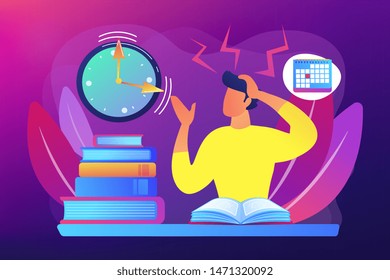 Terrible time crunch, cramming material before tests, examination. Exams and test results, personal exam timetable, exam stress and anxiety concept. Bright vibrant violet vector isolated illustration