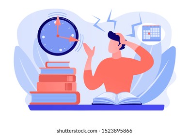 Terrible time crunch, cramming material before tests, examination. Exams and test results, personal exam timetable, exam stress and anxiety concept. Pinkish coral bluevector isolated illustration