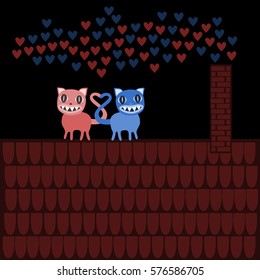 Terrible Valentine cats with large teeth, on roof in night.